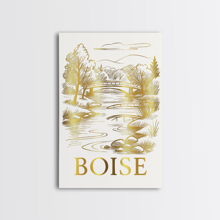 Boise Travel Poster, Canvas Print, White And Gold Sketch Art, Boise Wall Art, Eclectic Wall Decor, Wanderlust Decor, Travel Wall Art