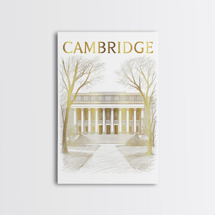 Cambridge Massachusetts Travel Poster, Canvas Print, Gold Line Drawing Wall Art, Cambridge City Art, Travel Art Print, Vintage City Art