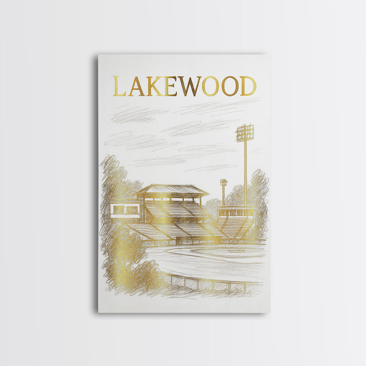 Lakewood Travel Poster, Framed Canvas Print, White And Gold Sketch Art, Lakewood Wall Art, Home Office Decor, Mid Century Wall Art
