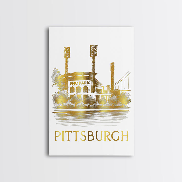 Pittsburg Travel Poster, Canvas Print, White And Gold Sketch Art, Pittsburg Wall Art, Retro Travel Print, Travel Wall Art, Vintage City Art