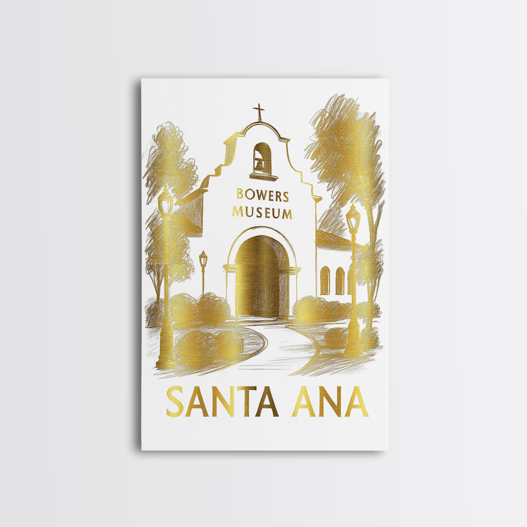 Santa Ana Travel Poster, Framed Canvas Print, White And Gold Sketch Art, Santa Ana Poster Print, Gift For Travelers, Vintage City Poster