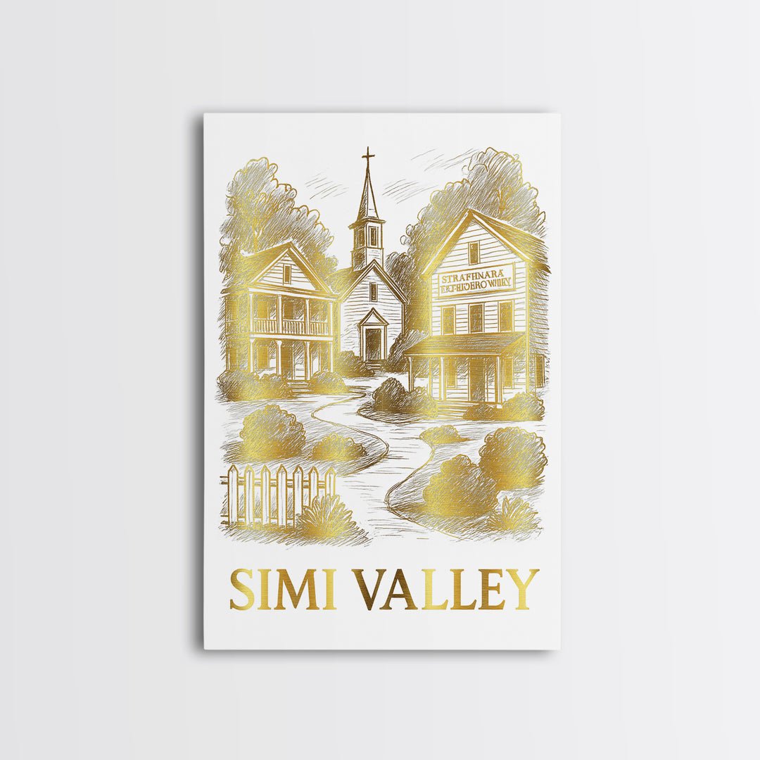 Simi Valley Travel Poster, Framed Canvas Print, White And Gold Sketch Art, Simi Valley Wall Art, Mid Century Wall Art, Retro Travel Print