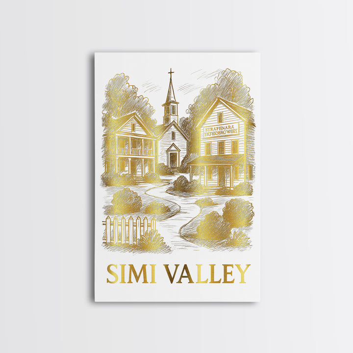 Simi Valley Travel Poster, Framed Canvas Print, White And Gold Sketch Art, Simi Valley Wall Art, Mid Century Wall Art, Retro Travel Print