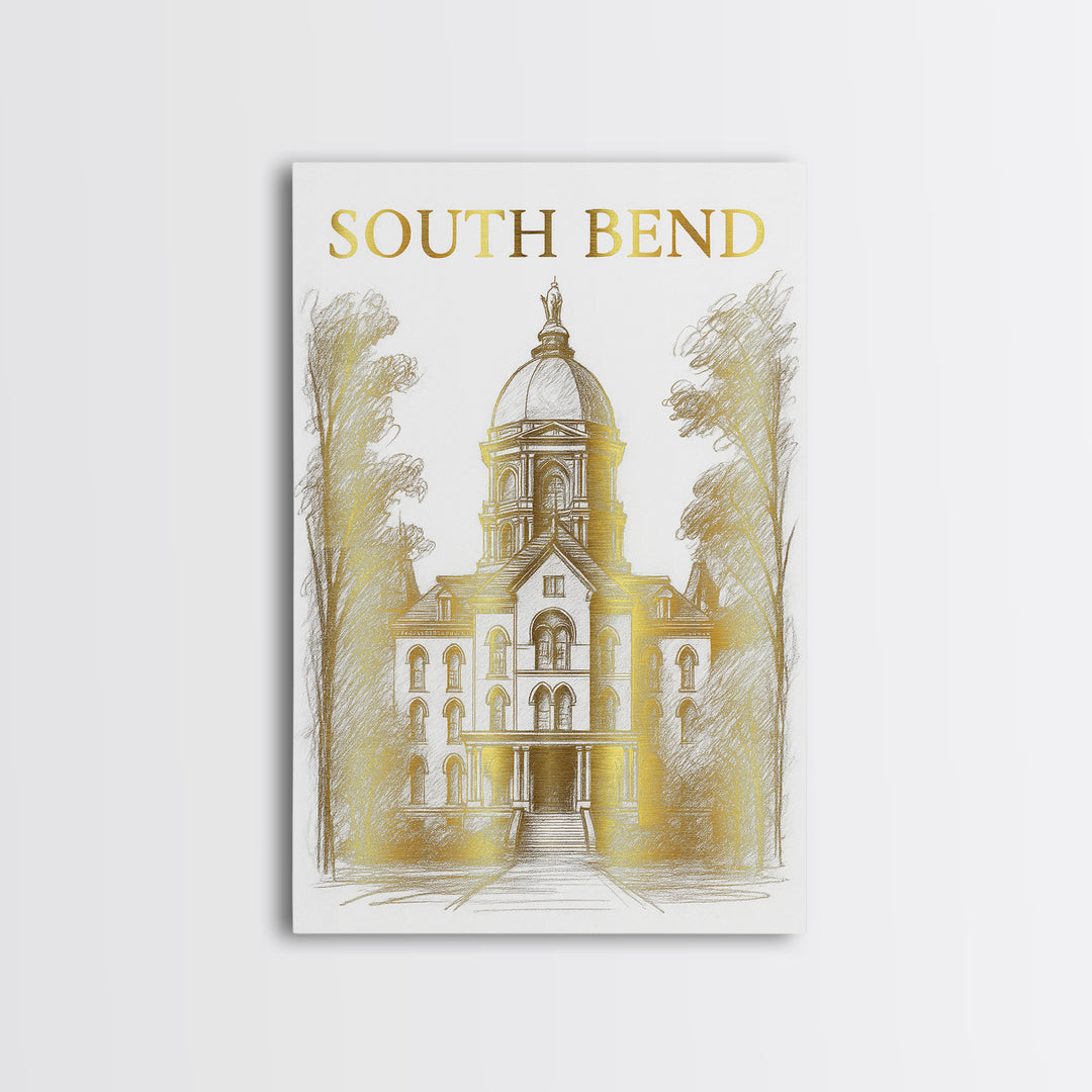 South Bend Indiana Travel Poster, Canvas Print, Gold Line Drawing Wall Art, South Bend City Art, Art Print, Watercolor Skyline, Design 1