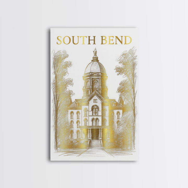 South Bend Indiana Travel Poster, Canvas Print, Gold Line Drawing Wall Art, South Bend City Art, Art Print, Watercolor Skyline, Design 1