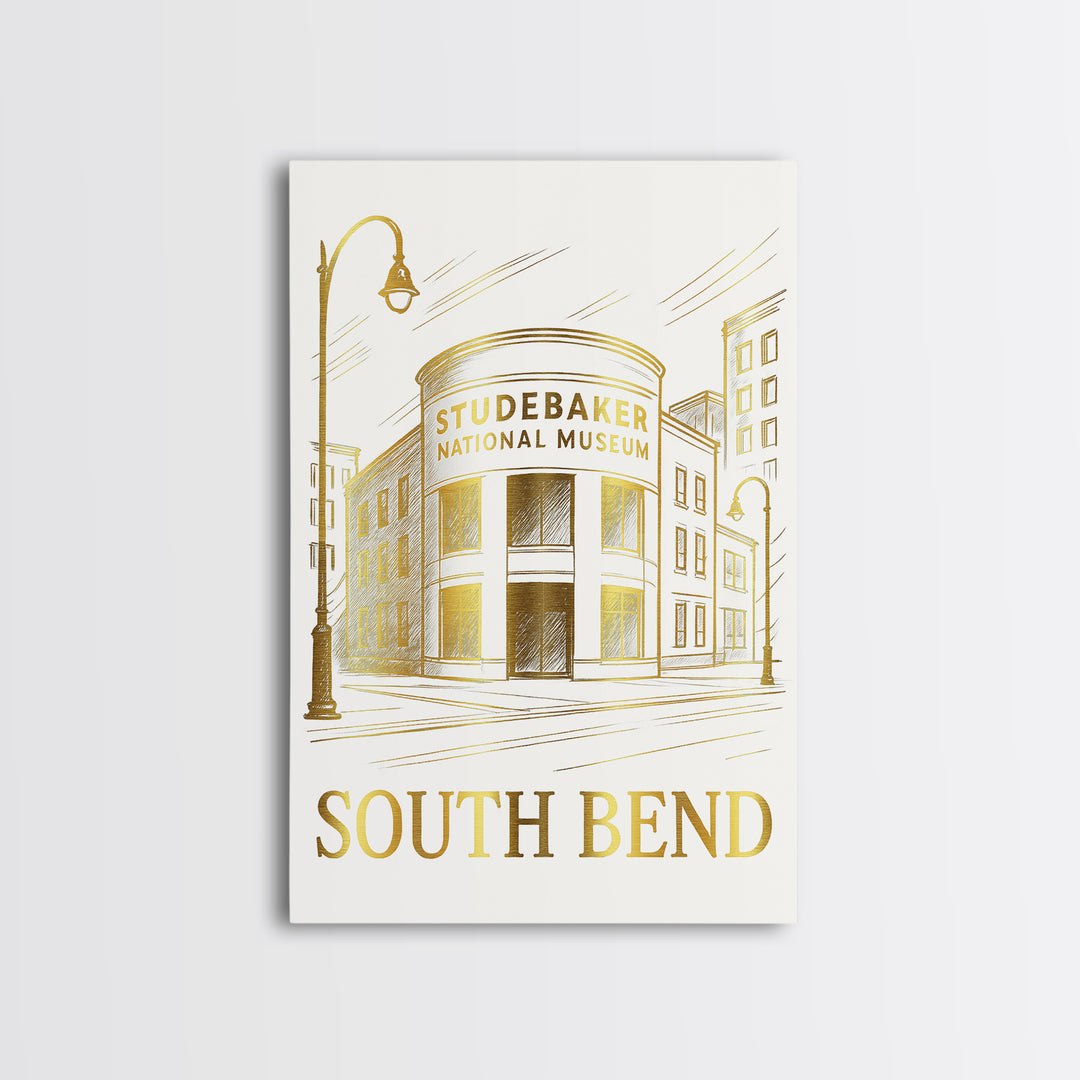 South Bend Travel Poster, Canvas Print, White And Gold Sketch Art, South Bend Wall Art, Modern Wall Decor, Eclectic Wall Decor