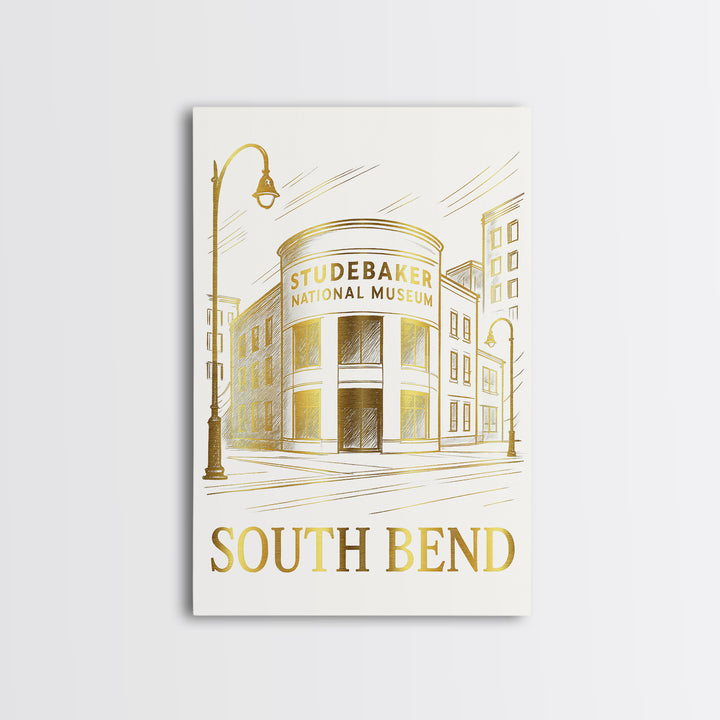 South Bend Travel Poster, Canvas Print, White And Gold Sketch Art, South Bend Wall Art, Modern Wall Decor, Eclectic Wall Decor