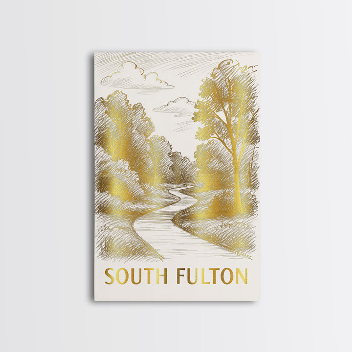 South Fulton Travel Poster, Canvas Print, Gold Line Drawing Wall Art, South Fulton Wall Art, Modern Wall Decor, Mid Century Wall Art