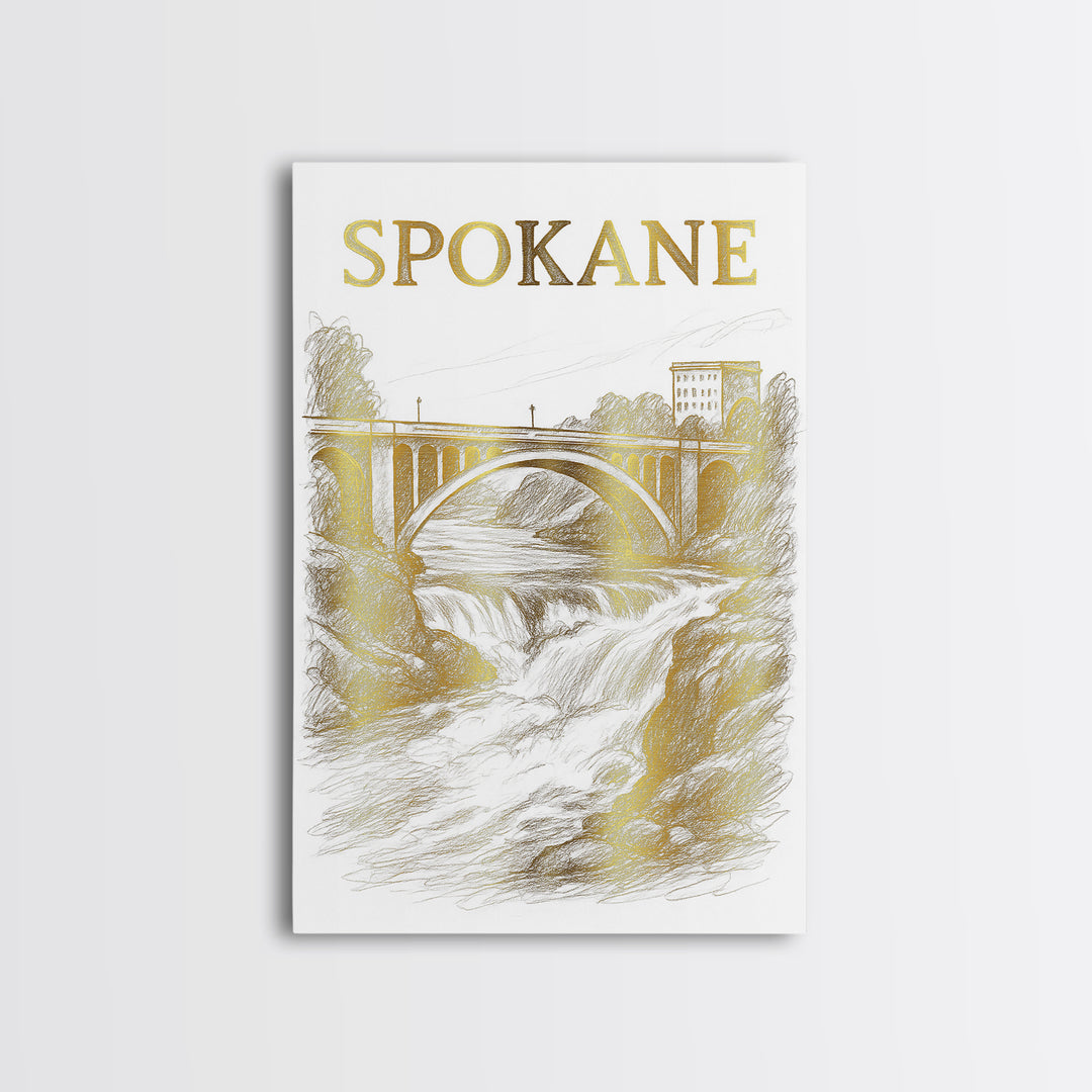 Spokane Washington Travel Poster, Canvas Print, Gold Line Drawing Wall Art, Spokane Travel Art, Retro Travel Print, Vintage Travel Art