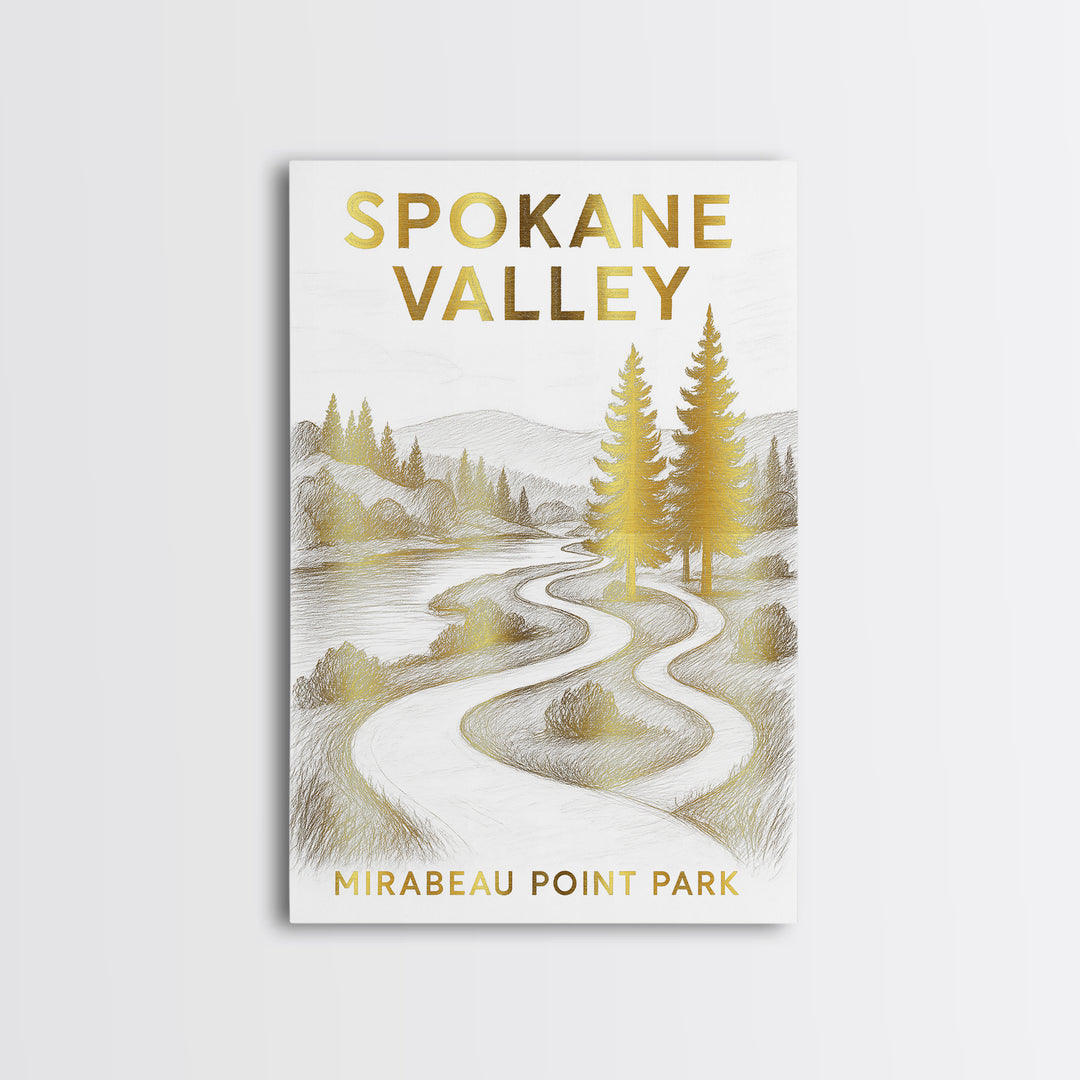 Spokane Valley Washington Travel Poster, Canvas Print, White And Gold Sketch Art, Spokane Valley Art Print, Watercolor Skyline, Wall Art