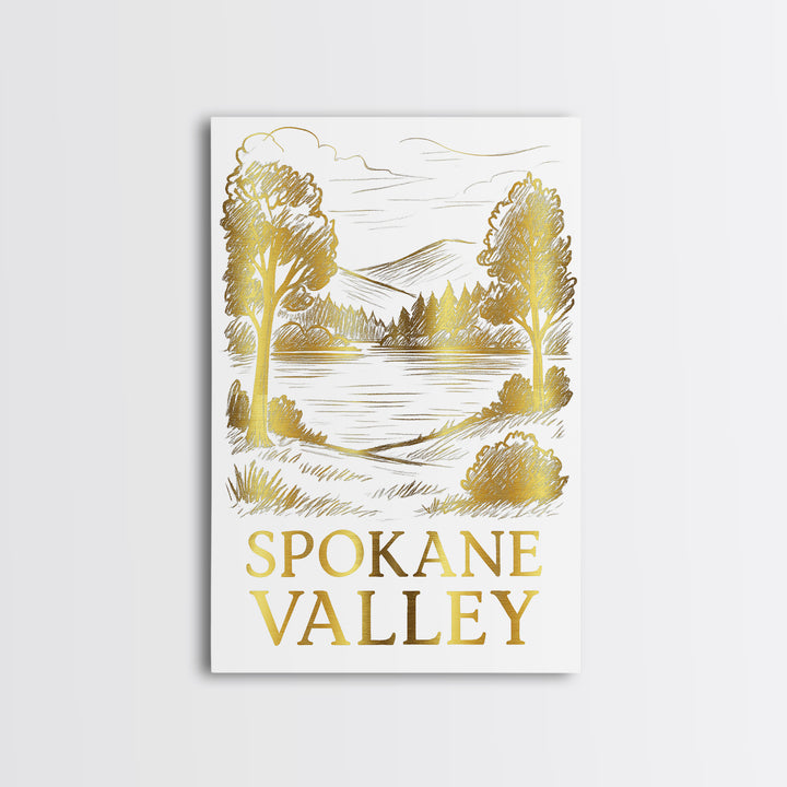 Spokane Valley Travel Poster, Framed Canvas Print, Gold Line Drawing Wall Art, Spokane Valley Travel Art, Travel Poster Set, Wall Art