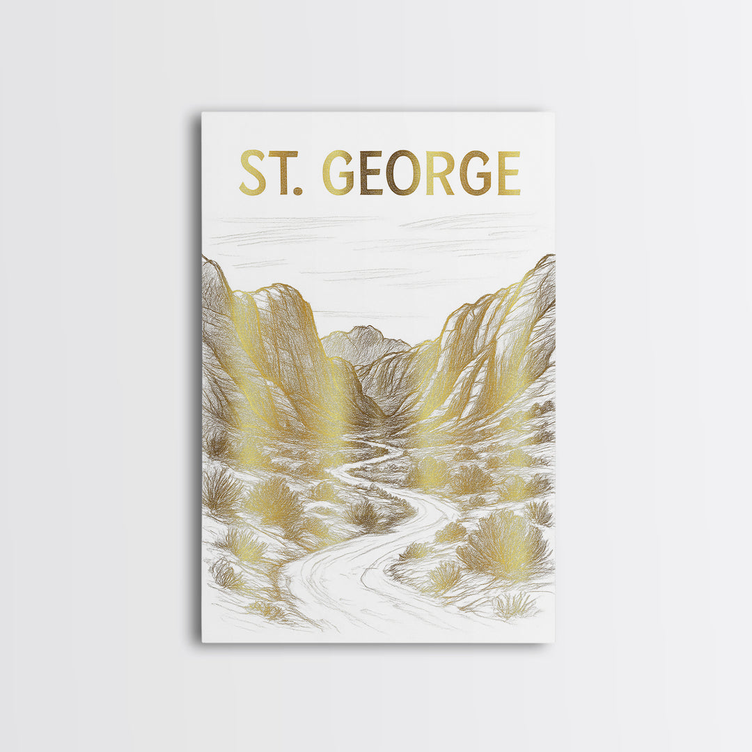 St George Utah Travel Poster, Canvas Print, White And Gold Sketch Art, St George Wall Art, Fine Art Print, Poster Art, Travel Poster Set