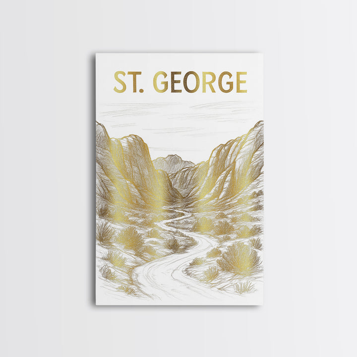 St George Utah Travel Poster, Canvas Print, White And Gold Sketch Art, St George Wall Art, Fine Art Print, Poster Art, Travel Poster Set