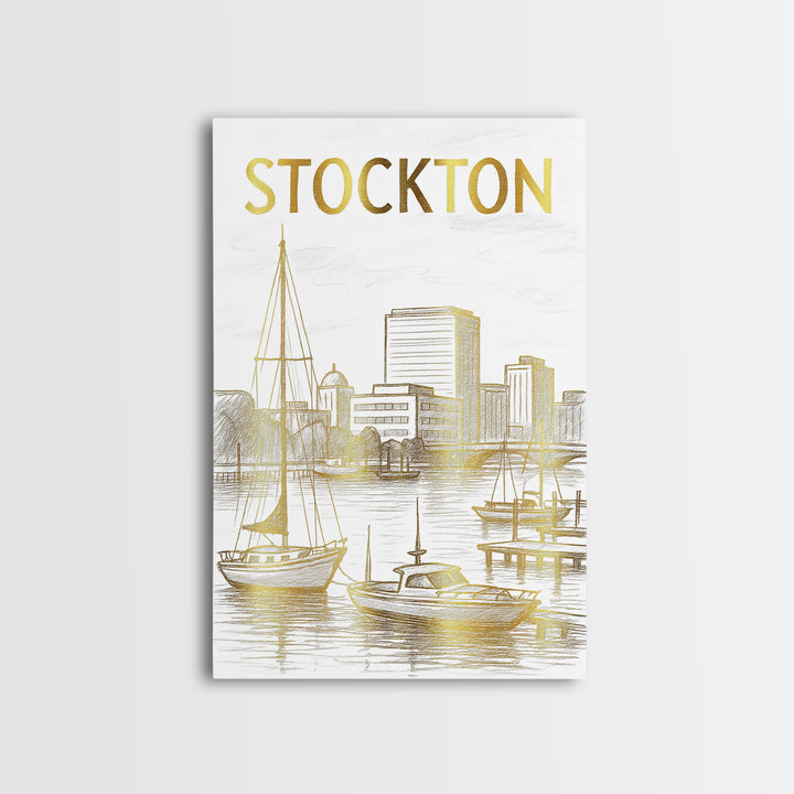 Stockton California Travel Poster, Canvas Print, White And Gold Sketch Art, Stockton Art Print, City Travel Prints, Wall Decor, Home Decor