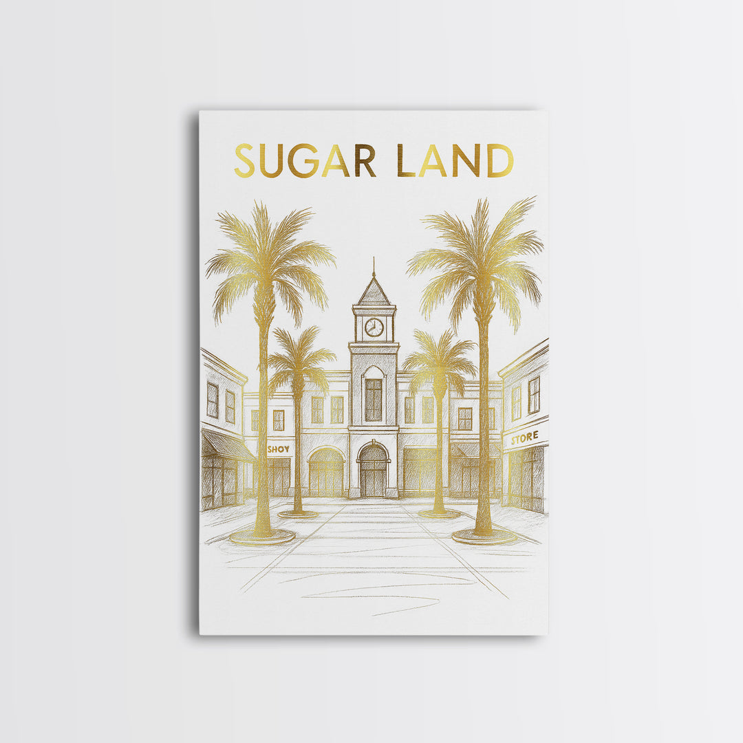 Sugar Land Travel Poster, Canvas Print, Elegant City Illustration, Sugar Land Wall Art, Watercolor Downtown Skyline, Travel Poster Art
