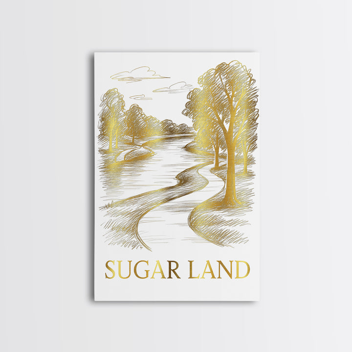 Sugarland Travel Poster, Framed Canvas Print, White And Gold Sketch Art, Sugarland City Art, Wanderlust Decor, City Travel Prints