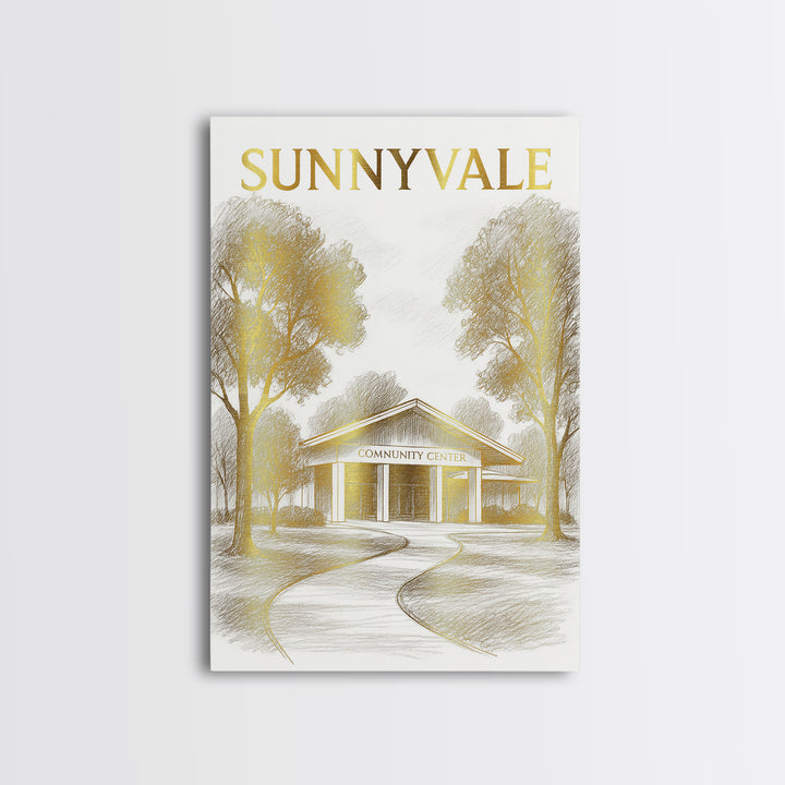 Sunnyvale California Travel Poster, Canvas Print, Gold Line Drawing Wall Art, Sunnyvale Wall Art, Travel Poster Art, Living Room Wall Art