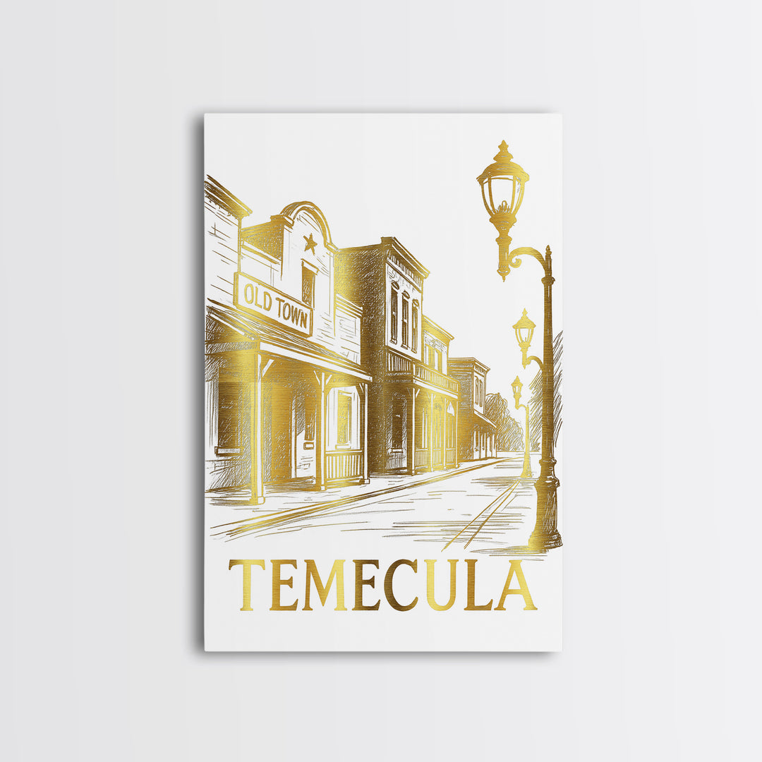 Temecula Travel Poster, Canvas Print, White And Gold Sketch Art, Temecula Travel Art, Vintage City Poster, Travel Poster Art, Design 2