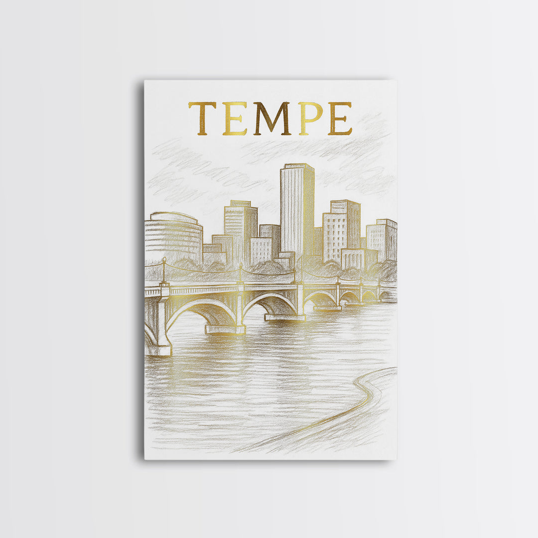 Tempe Arizona Travel Poster, Framed Canvas Print, White And Gold Sketch Art, Tempe City Art, Mid Century Wall Art, Eclectic Wall Decor