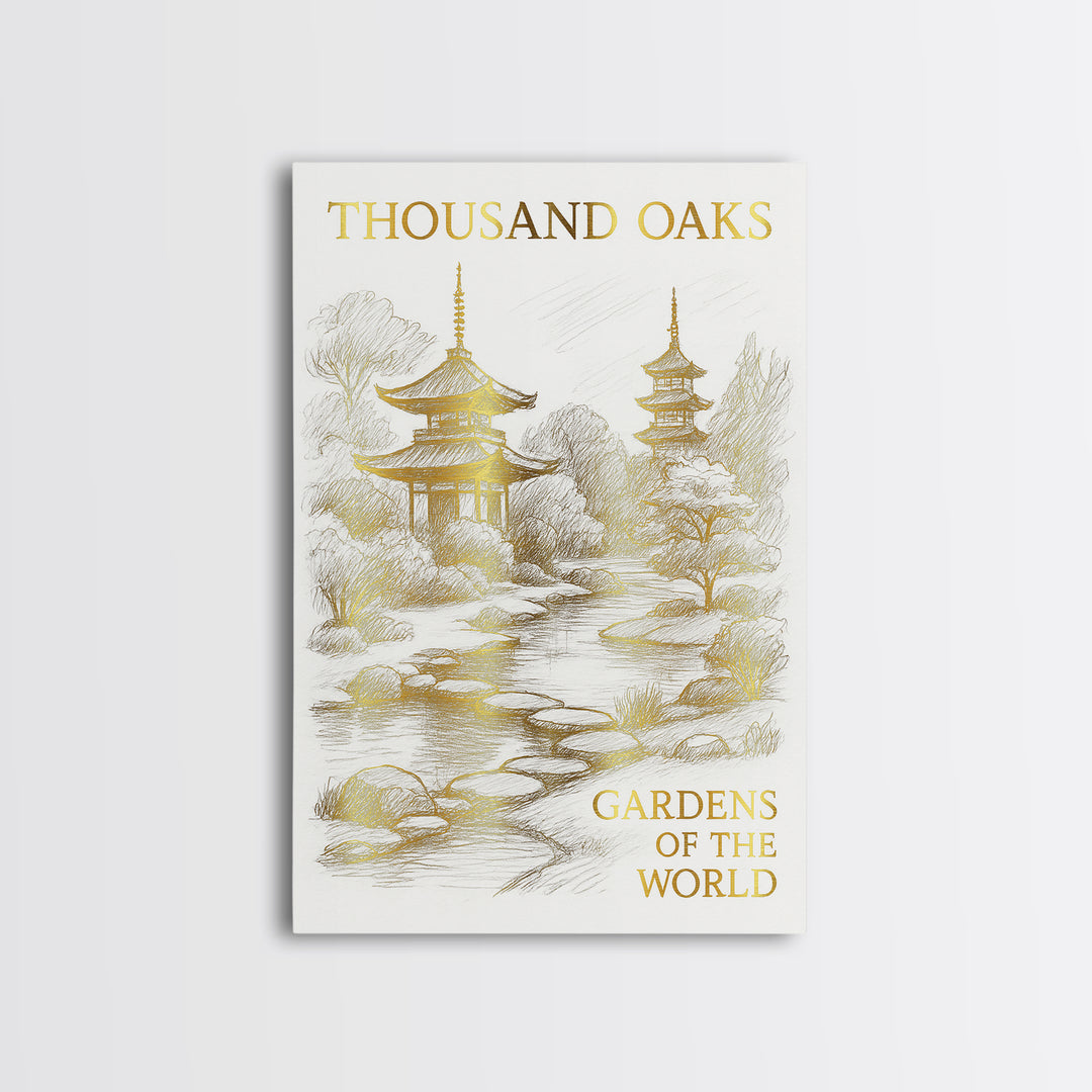 Thousand Oaks California Travel Poster, Canvas Print, White And Gold Sketch Art, Thousand Oaks Travel Art, Travel Print, Poster Print