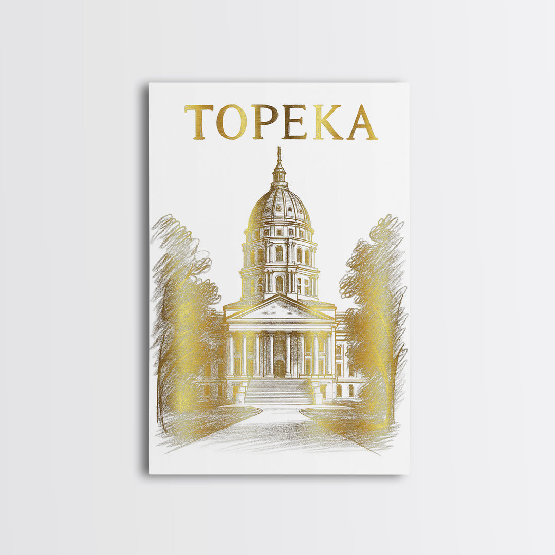 Topeka Kansas Travel Poster, Framed Canvas Print, Gold Line Drawing Wall Art, Topeka Poster Print, Gift For Travelers, Travel Poster Art