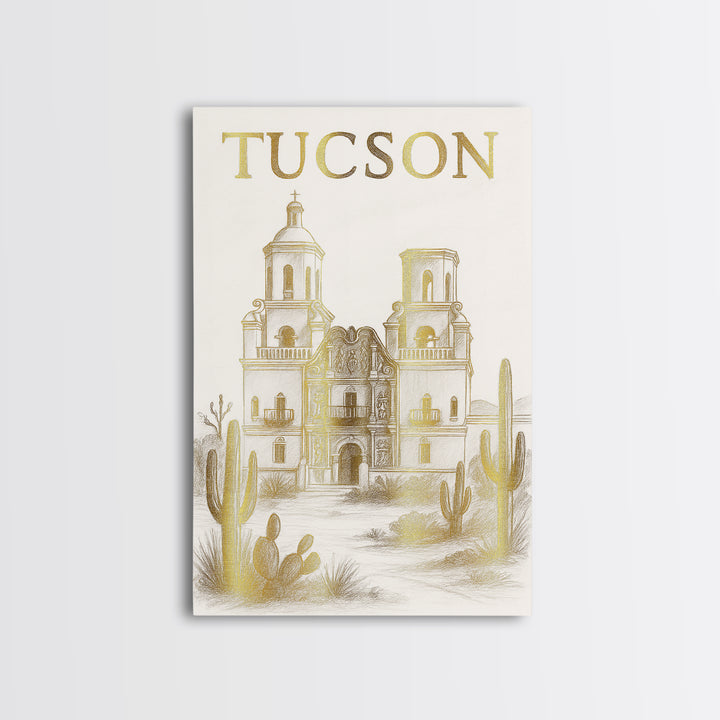 Tucson Arizona Travel Poster, Canvas Print, White And Gold Sketch Art, Tucson Poster Print, Vintage City Art, Travel Art, Retro Travel Print
