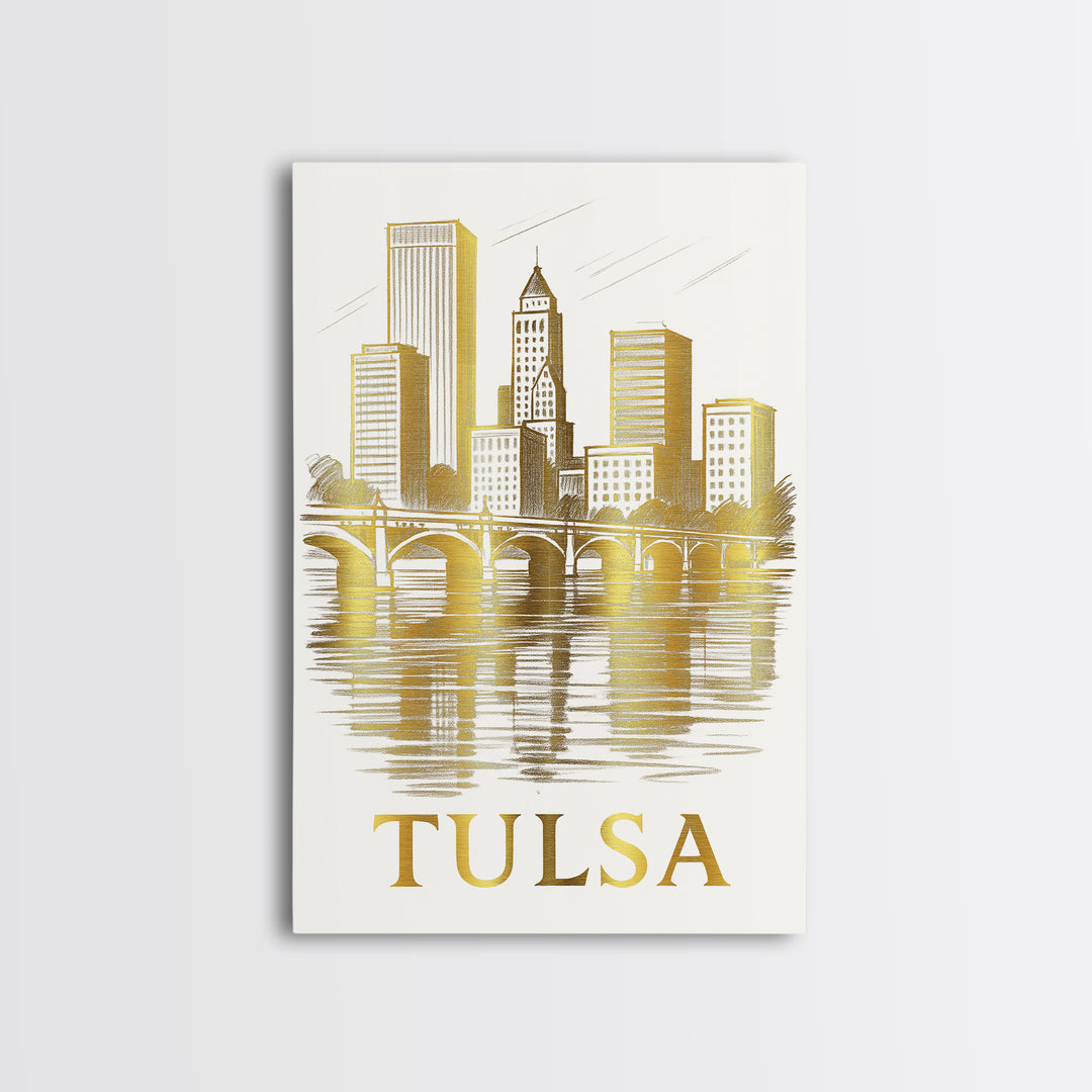 Tulsa Travel Poster, Canvas Print, Gold Line Drawing Wall Art, Tulsa City Art, Travel Wall Art, Travel Art Print, Vintage Travel Print