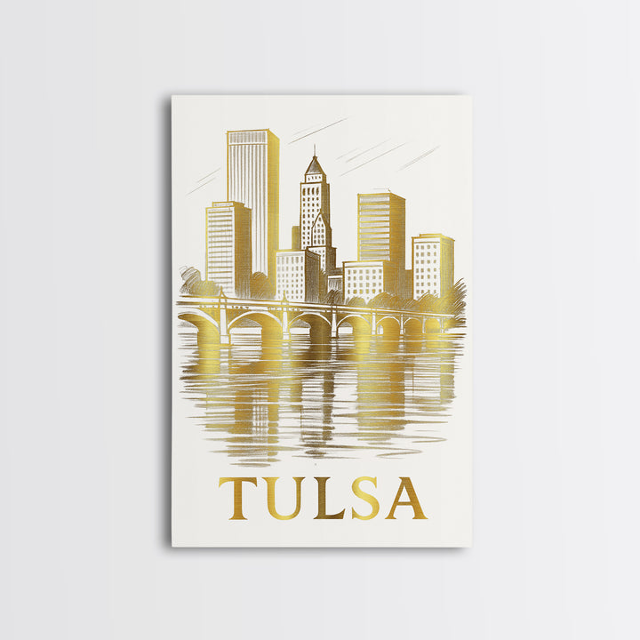 Tulsa Travel Poster, Canvas Print, Gold Line Drawing Wall Art, Tulsa City Art, Travel Wall Art, Travel Art Print, Vintage Travel Print