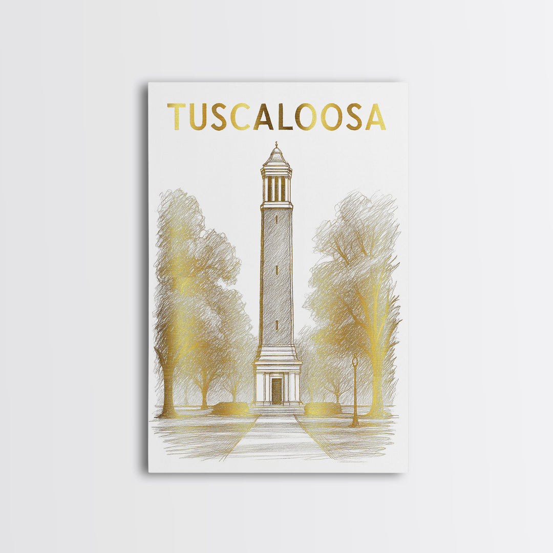 Tuscaloosa Alabama Travel Poster, Framed Canvas Print, White And Gold Sketch Art, Tuscaloosa City Art, Home Office Decor, Modern Wall Decor
