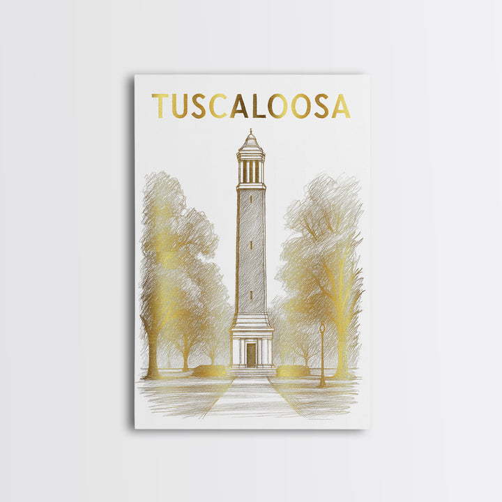 Tuscaloosa Alabama Travel Poster, Framed Canvas Print, White And Gold Sketch Art, Tuscaloosa City Art, Home Office Decor, Modern Wall Decor