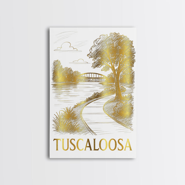 Tuscaloosa Travel Poster, Framed Canvas Print, White And Gold Sketch Art, Tuscaloosa Art Print, Travel Wall Decor, Eclectic Wall Decor