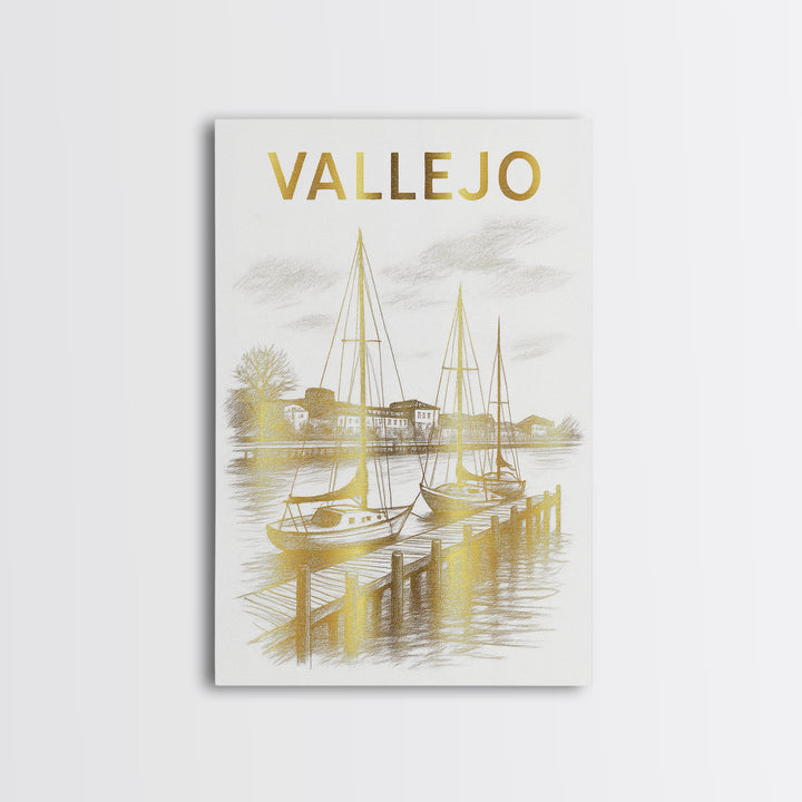 Vallejo California Travel Poster, Framed Canvas Print, White And Gold Sketch Art, Vallejo Poster Print, City Art Print, City Illustration