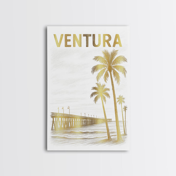 Ventura California Travel Poster, Framed Canvas Print, White And Gold Sketch Art, Ventura City Art, Watercolor Skyline, Travel Poster Art