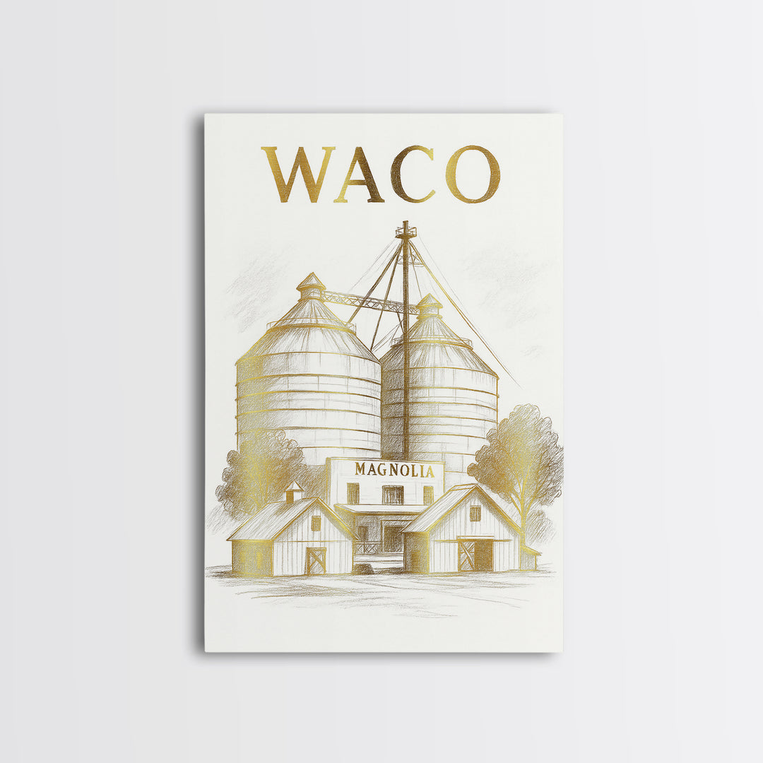 Waco Texas Travel Poster, Framed Canvas Print, White And Gold Sketch Art, Waco Poster Print, Vintage City Poster, City Travel Prints
