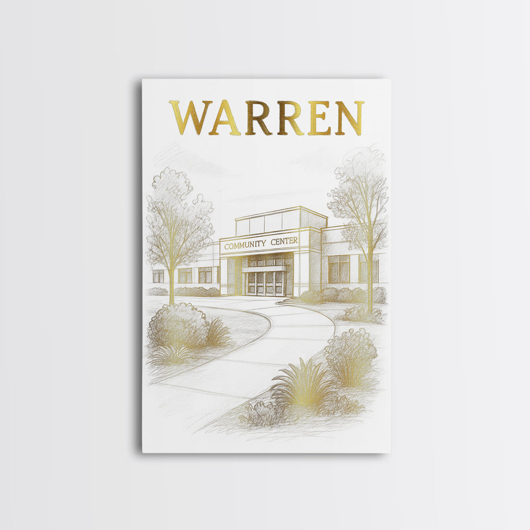Warren Michigan Travel Poster, Canvas Print, White And Gold Sketch Art, Warren Travel Art, City Art Print, Eclectic Wall Decor, Poster Art