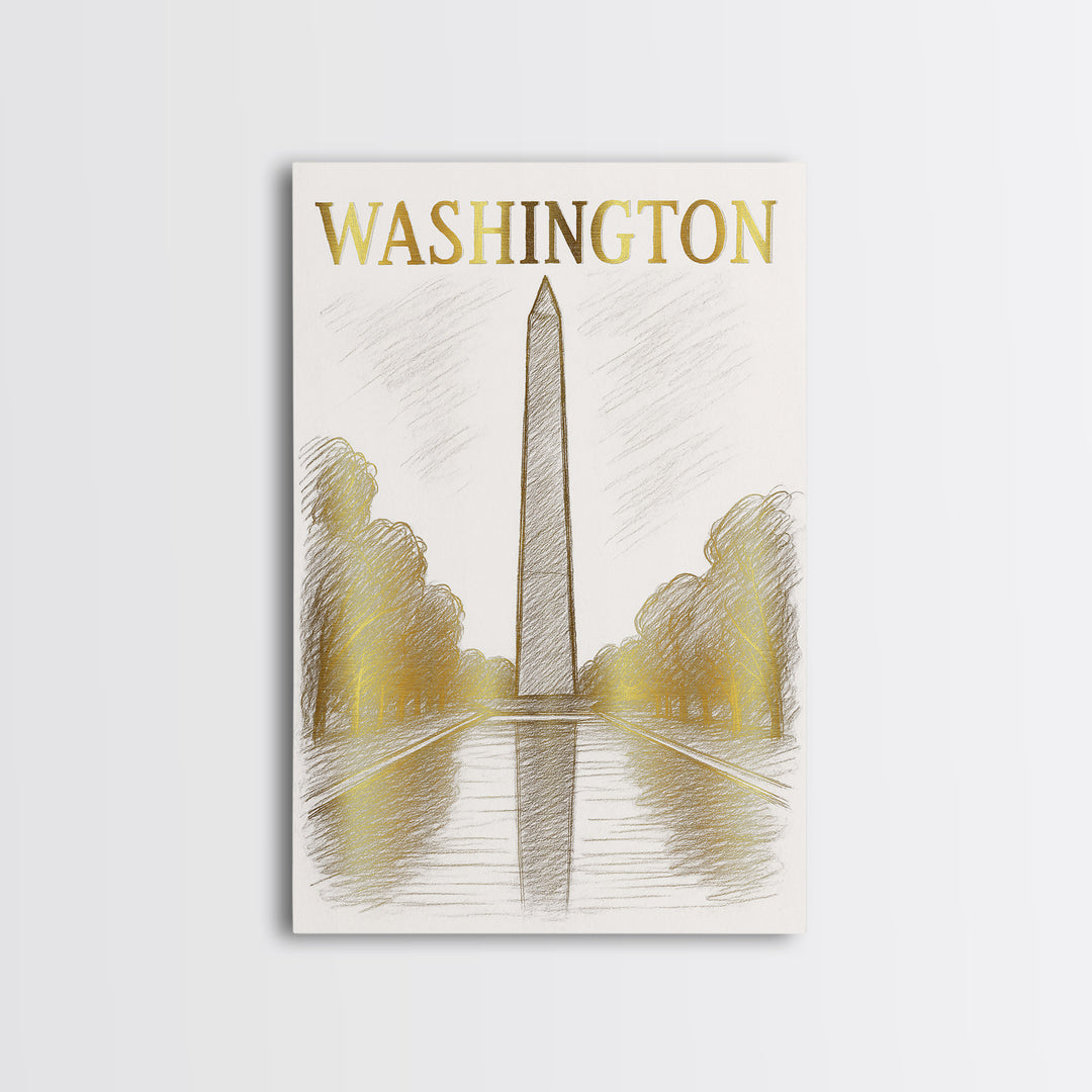 Washington DC Travel Poster, Canvas Print, White And Gold Sketch Art, Washington Poster Print, City Illustration, Modern Wall Decor