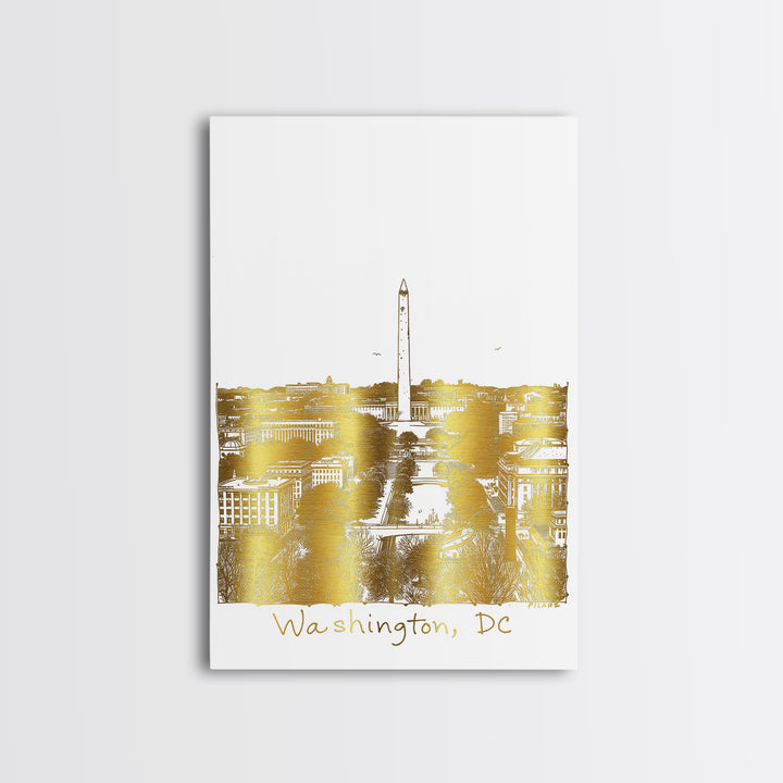 Washington DC Travel Poster, Framed Canvas Print, White And Gold Sketch Art, Washington DC City Art, Modern Wall Decor, Wanderlust Decor