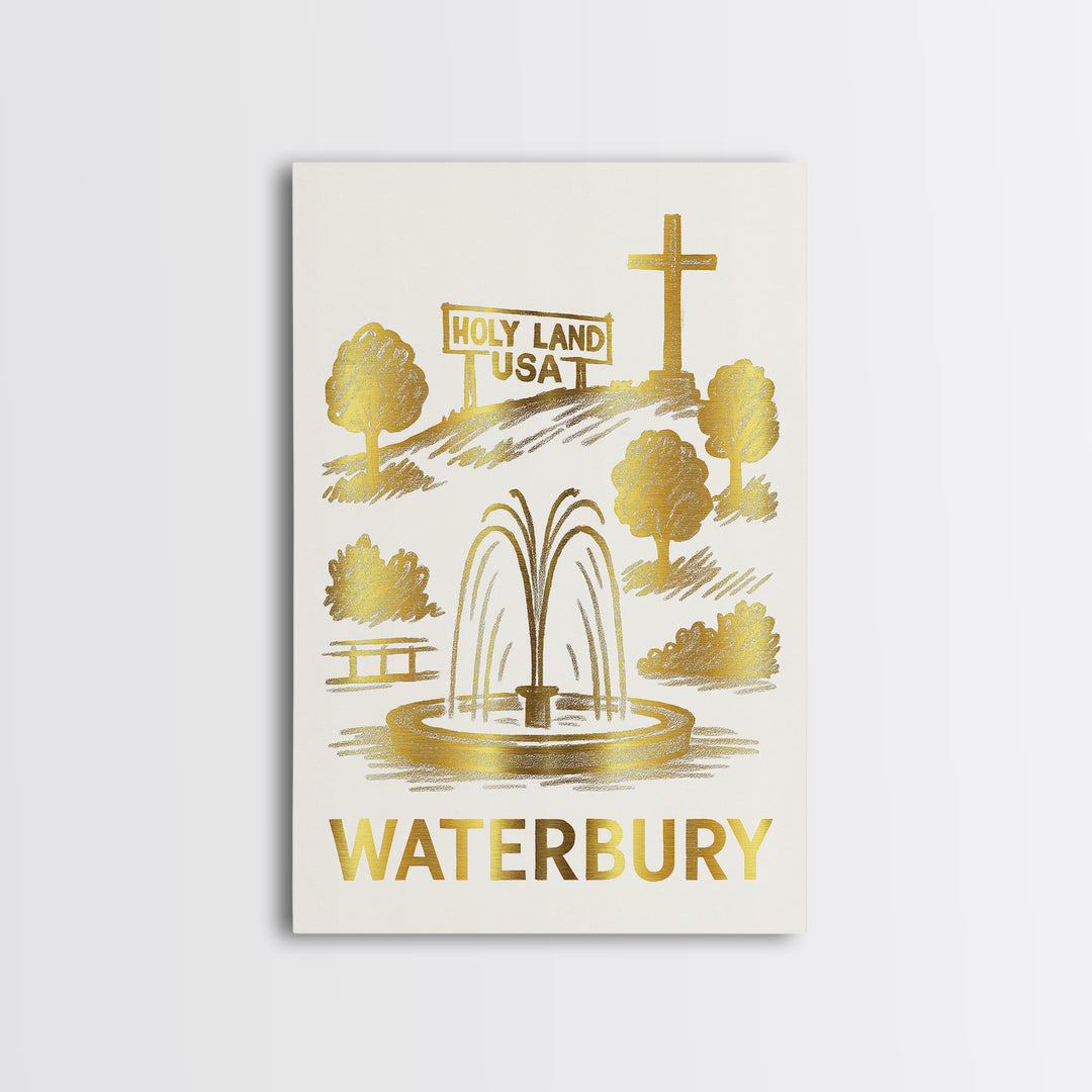 Waterbury Travel Poster, Canvas Print, White And Gold Sketch Art, Waterbury City Art, Travel Wall Decor, City Travel Prints, Travel Print