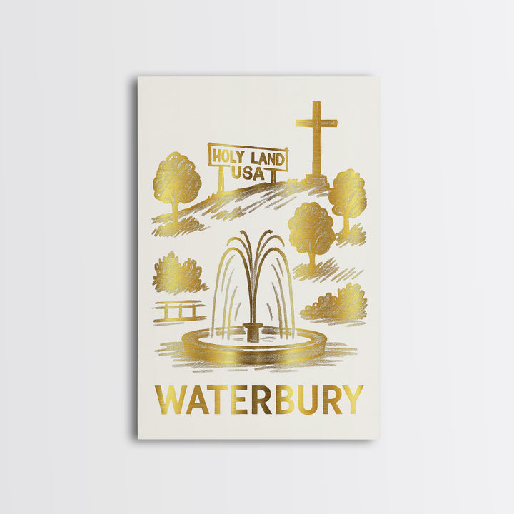 Waterbury Travel Poster, Canvas Print, White And Gold Sketch Art, Waterbury City Art, Travel Wall Decor, City Travel Prints, Travel Print