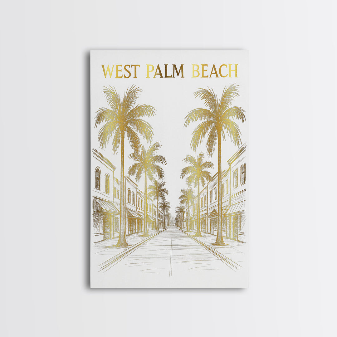 West Palm Beach Florida Travel Poster, Canvas Print, Gold Line Drawing Wall Art, West Palm Beach Art Print, Office Decor, City Poster