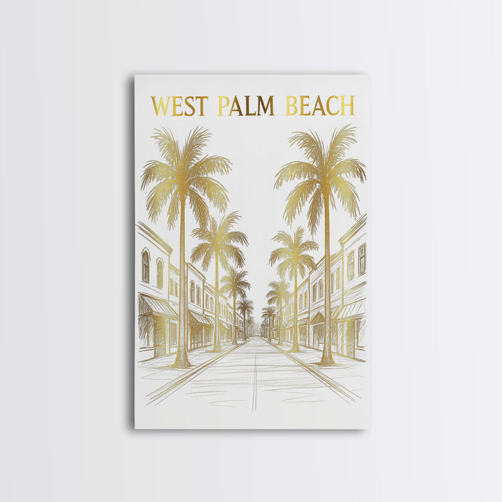 West Palm Beach Florida Travel Poster, Canvas Print, Gold Line Drawing Wall Art, West Palm Beach Art Print, Office Decor, City Poster