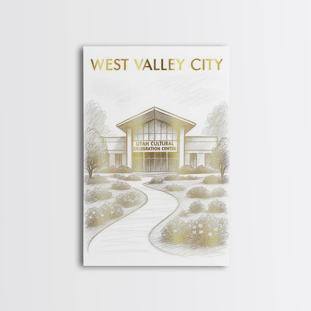 West Valley City Travel Poster, Canvas Print, Gold Line Drawing Wall Art, West Valley City Wall Art, Watercolor Urban Skyline, Travel Print