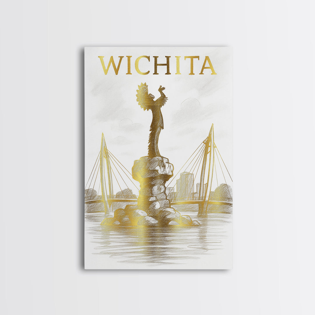 Wichita Kansas Travel Poster, Canvas Print, Gold Line Drawing Wall Art, Wichita Wall Art, Wall Decor, Modern Wall Decor, Travel Wall Art