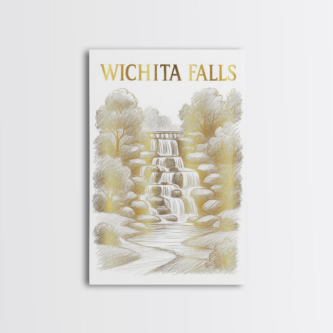 Wichita Falls Texas Travel Poster, Canvas Print, Gold Line Drawing Wall Art, Wichita Falls City Art, Travel Poster Art, Watercolor Skyline