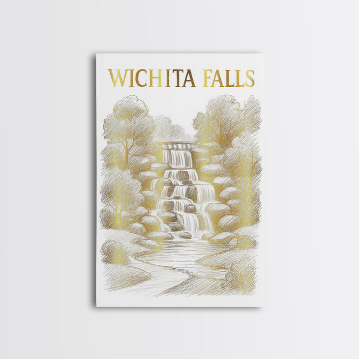 Wichita Falls Texas Travel Poster, Canvas Print, Gold Line Drawing Wall Art, Wichita Falls City Art, Travel Poster Art, Watercolor Skyline