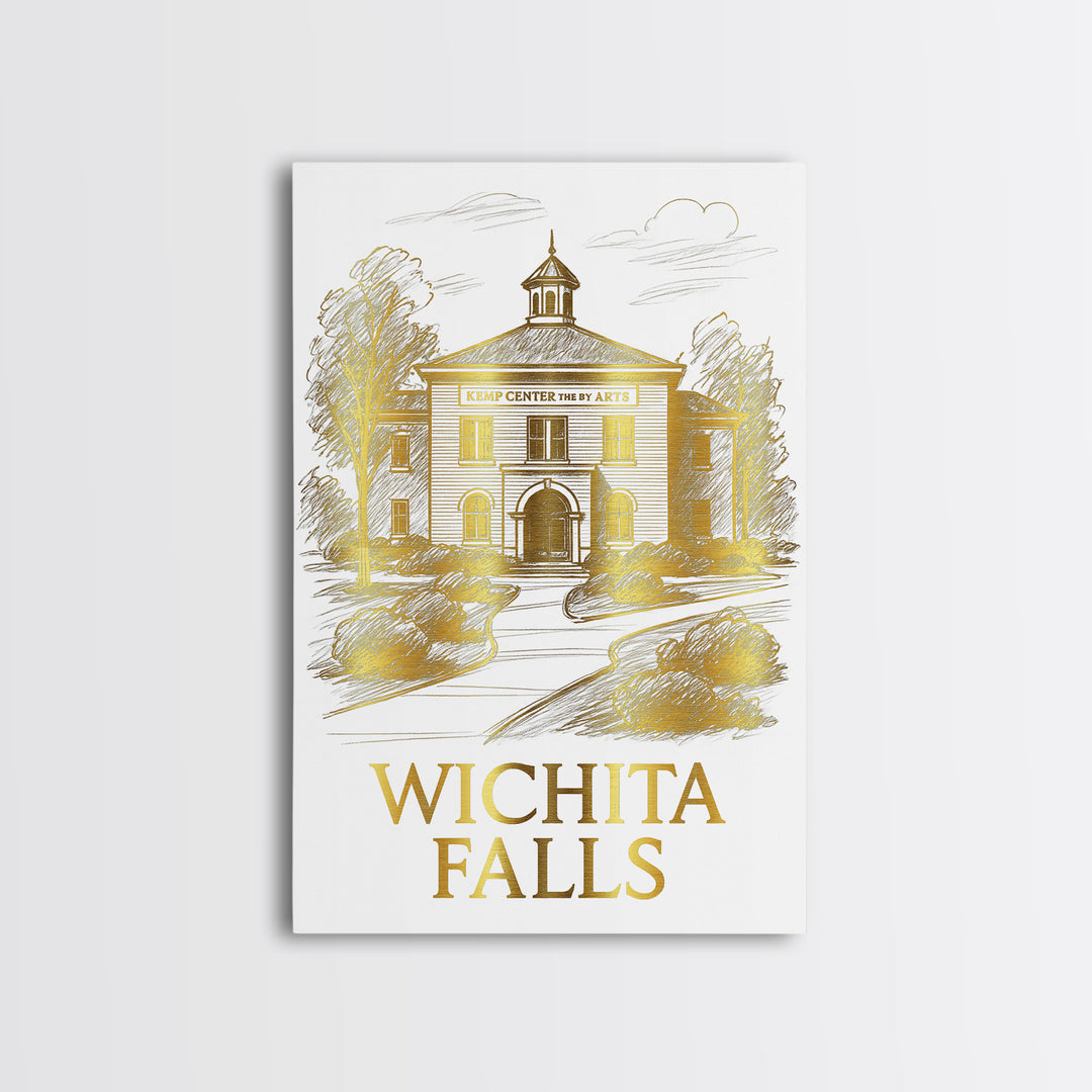 Wichita Falls Travel Poster, Framed Canvas Print, White And Gold Sketch Art, Wichita Falls City Art, Vintage City Art, Travel Wall Art