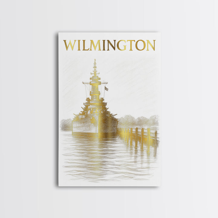 Wilmington North Carolina Travel Poster, Canvas Print, Gold Line Drawing Wall Art, Wilmington Travel Art, Travel Prints, Vintage City Poster