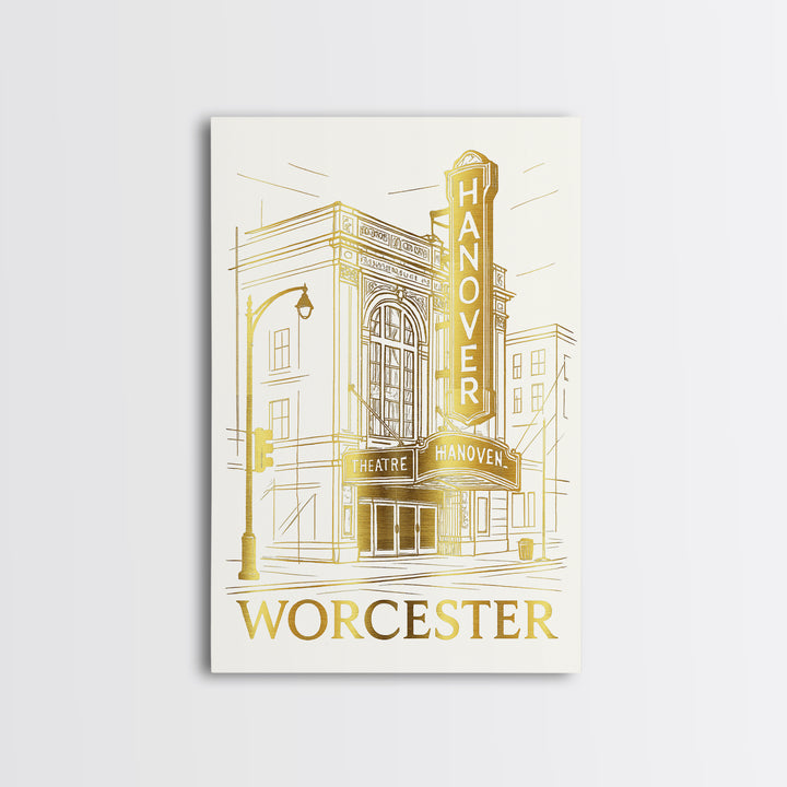 Worcester Travel Poster, Canvas Print, Gold Line Drawing Wall Art, Worcester Art Print, Travel Wall Art, Home Office Decor, Retro Poster