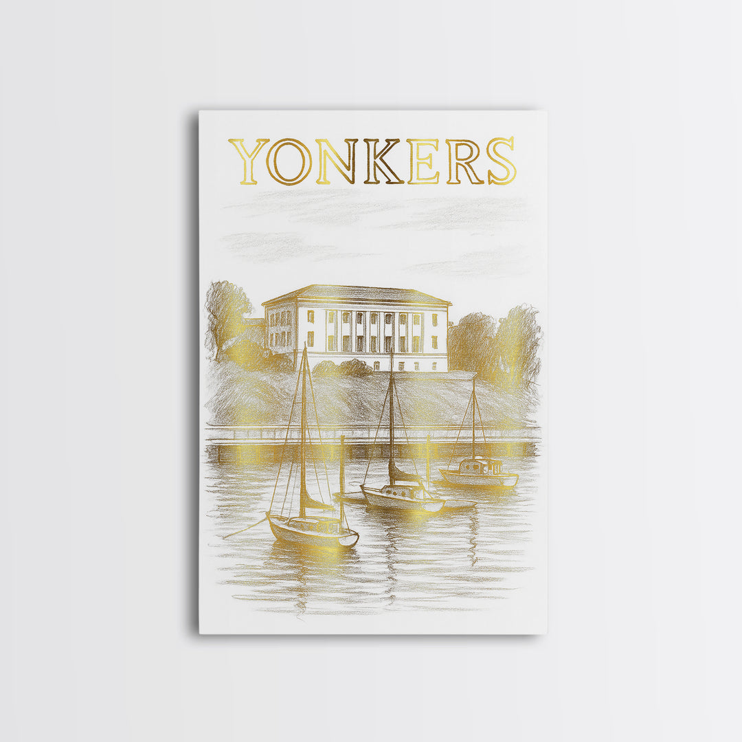 Yonkers New York Travel Poster, Canvas Print, White And Gold Sketch Art, Yonkers Travel Art, Travel Art, Travel Wall Art, City Travel Prints