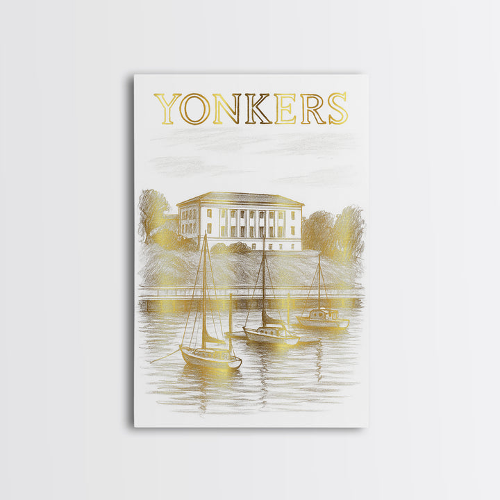 Yonkers New York Travel Poster, Canvas Print, White And Gold Sketch Art, Yonkers Travel Art, Travel Art, Travel Wall Art, City Travel Prints